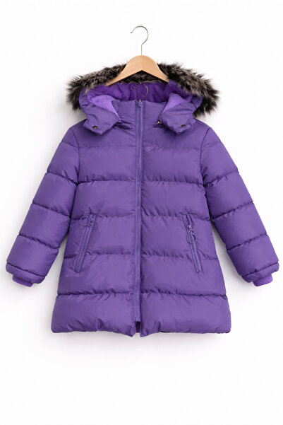 REGOS Kız Çocuk Mor Şişme Mont Kapüşonlu Kürklü Kışlık Uzun Model