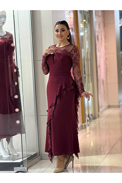 allura فستان فاخر دانتيل بأكمام طويلة للركبة