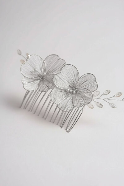 ERYA aksesuar Metal Çiçek Detaylı Gümüş Taraklı Gelin Saç Aksesuarı – El Yapı...
