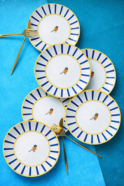 Paşabahçe 6' lı 20 cm Büyük Boy Pasta-Tatlı Tabağı Seti-Modern Kuş Figürlü Gold Detaylı Sunum Servis Tabağı