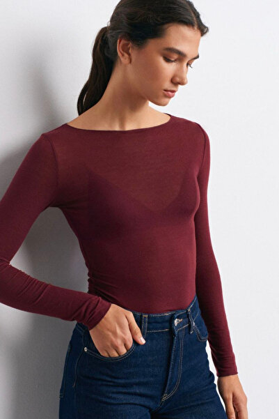 moda poni Women's Burgundy Boat Neck Fashion Cashmere Blouse