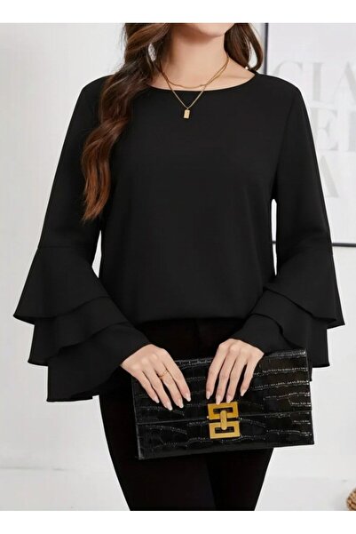 JANES Жіноча блузка з довгими рукавами, коміром-стійкою та іспанськими волана...