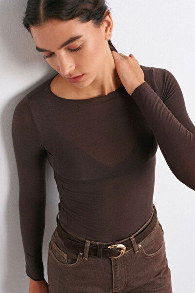 moda poni Γυναικεία μπλούζα από κασμίρ με λαιμόκοψη σε καφέ χρώμα