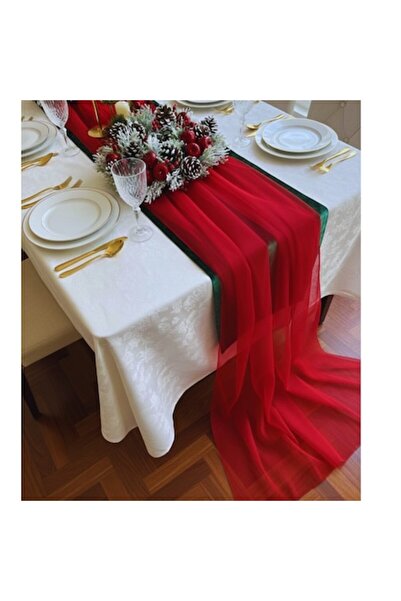 OEM Set de șervețele de masă, organza roșie, catifea verde, 150x300cm, decor de Crăciun cu coroană