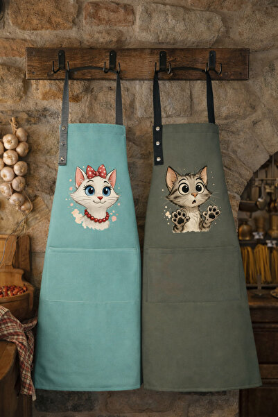 Hulganz طقم مريلة مطبخ من قطعتين، مقاومة للبقع، قماش طارد للماء، لا يبهت، مطبوعة بنمط قطة الشيف، مريلة مزدوجة