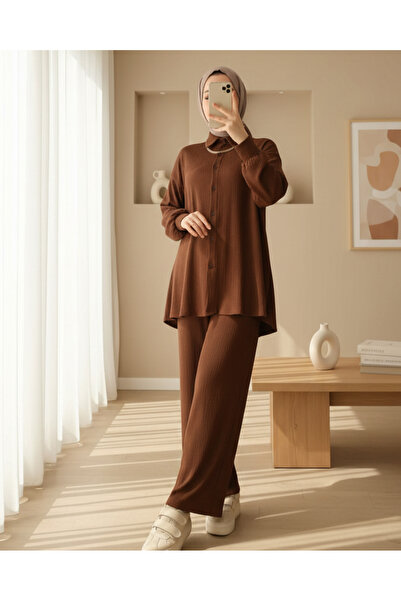 Modamorfo T5858 Knitted Hijab Two-Piece Set - Brown