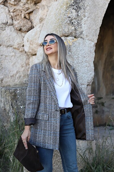 bytugcekaya Coffee textured plaid blazer