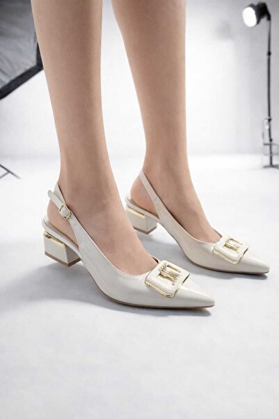 Macelife Patent Leather Beige Pointed Toe Heeled Women's Shoes
