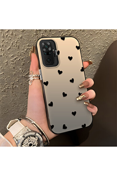 ucuc Xiaomi Redmi Note 10 Pro Uyumlu Silikon Kenar Sert Arka Anti Düşme Kılıfı Kalp Desenleri