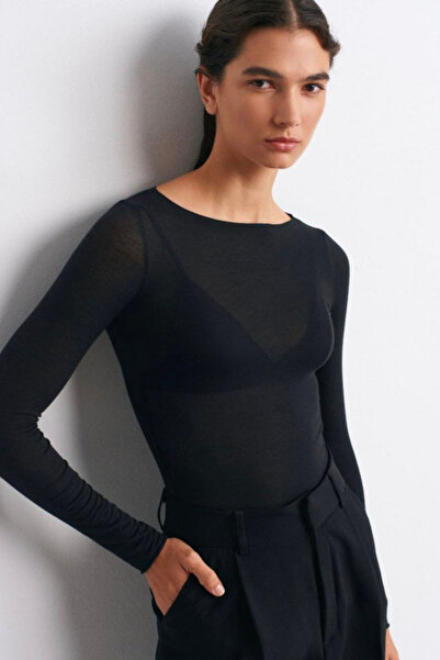 moda poni Women's Black Boat Neck Fashion Cashmere Blouse