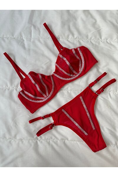 ARONA Simli Kırmızı Lori Bralet Takım