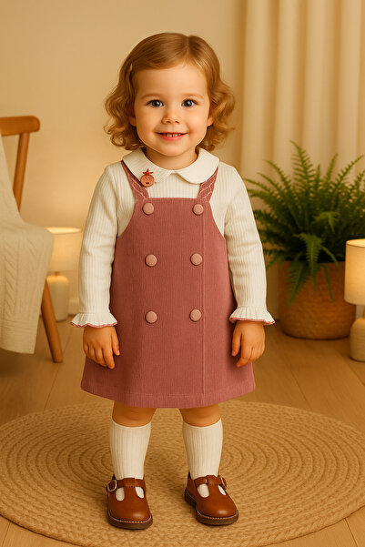 Melekpare Kız Bebek Çocuk Askılı Kadife Elbise Çilek Detaylı Uzun Kollu Badil...