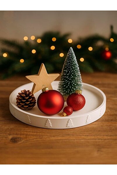 Bautinq Store Decorative Concrete Presentation Plate with Pine Tree Motif White Raw Christmas Ornament New Year Plate Ornament