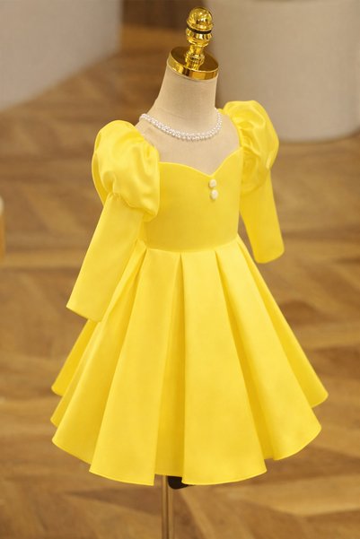 MUSGEM Special Design Yellow Long Sleeve Pearl Detailed Girl's Evening Dress