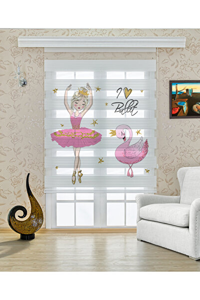 Perdecizade (ENXBOY)PEMBE BALERİN VE KUĞU DİJİTAL BASKILI ZEBRA PERDE-COCUK O...