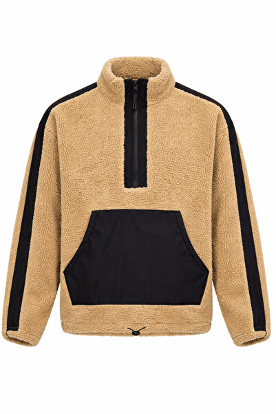 T SteepRockt Unisex Oversized Plush Fleece Jacket 100% Cotton Welsoft Mock Neck Zippered Kangaroo Pocket Brown