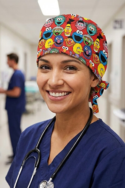 Lion Üniforma Susam Sokağı Desenli Unisex Cerrahi Bone Hemşire ve Doktor Bone