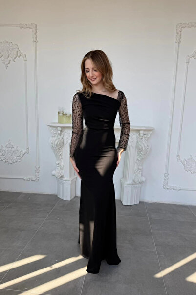 HELİS BUTİK Sparkly Tulle Sleeves Draped Long Evening Dresses Black Dress
