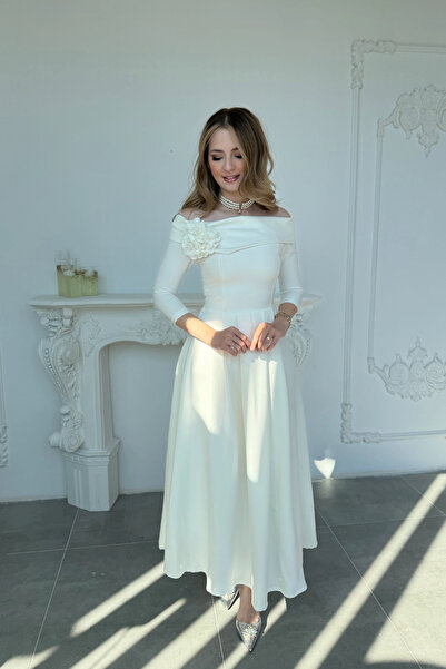 HELİS BUTİK Madonna Collar Rose Detailed Ecru Dress
