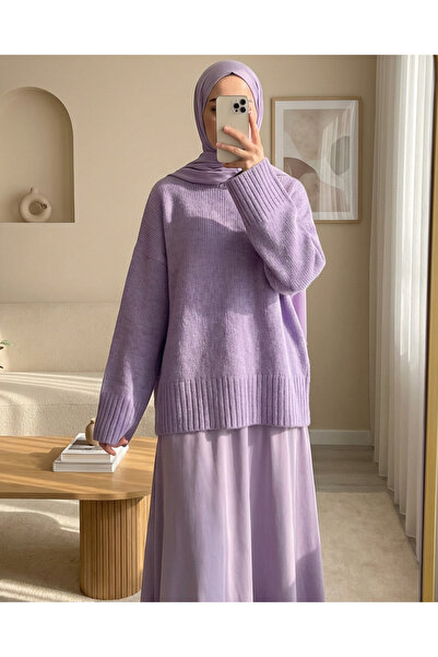 Modamorfo Crew Neck Skirt Corded Fabric Casual Knitwear Sweater -Lilac