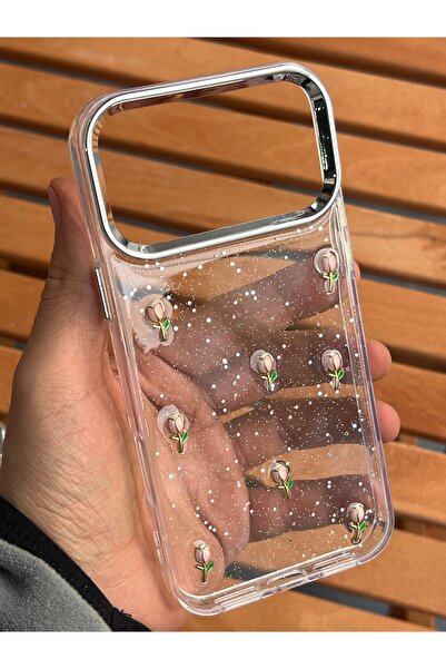 EDELFU آيفون 17 برو ماكس - غطاء شفاف بنمط زهرة التوليب الوردية اللامعة مع بروز للكاميرا