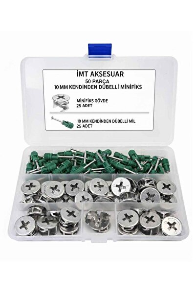 İMT AKSESUAR 10 mm Kendinden Dübelli Minifix Gövde ve Mil Seti - Mobilya Bağlantı Elemanı (50 Parça)