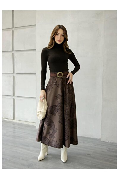Coral Süet Desenli Etek De251137 Kahve