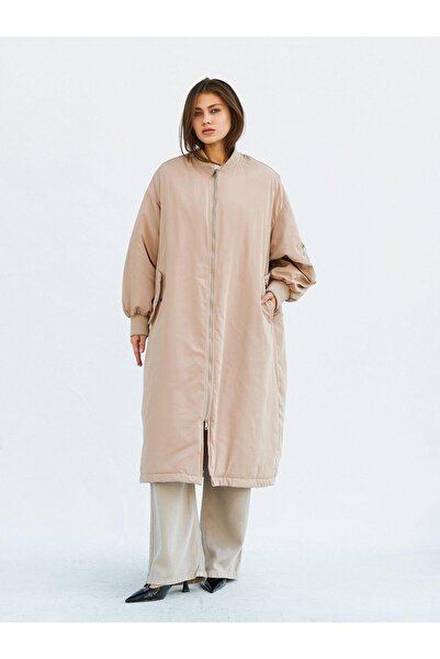 Coral 160676 Ribbed Collar Long Zipper Coat Beige