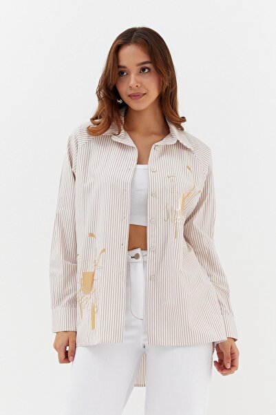 ONNO PRIVE Varaklı Poplin Striped Shirt Beige