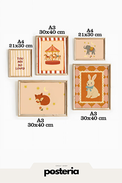 Posteria 5'li Vintage Dekor, Çocuk Odası Dekoru, Çocuk Odası Retro Poster Set...