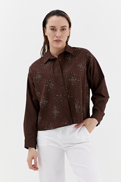 ONNO PRIVE Heavy Stone Embellished Poplin Shirt Brown