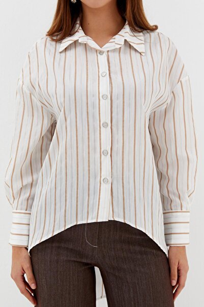 ONNO PRIVE Asymmetrical Cut Striped Shirt Beige