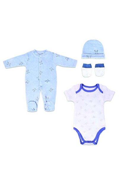 Nurtur طقم هدايا - 4 قطع (بدلة نوم، بدلة قصيرة الأكمام، قبعة، قفازات) أزرق مت...