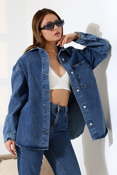 BLUE NATIONAL JEANS kadın oversize denim gömlek ceket tek cepli Kar Yıkama Ma...