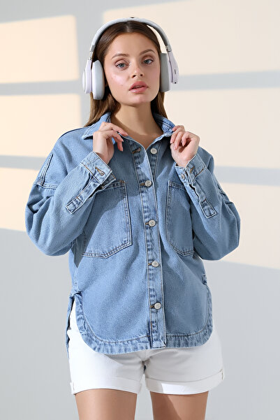 BLUE NATIONAL JEANS Kadın Oversize Kesim denim Gömlek Ceket Kar Yıkama Mavi A...