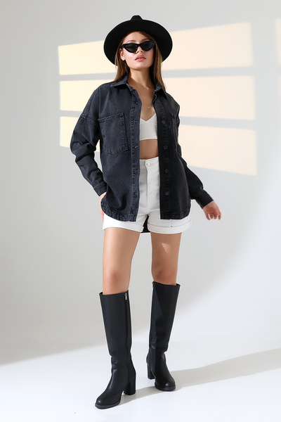 BLUE NATIONAL JEANS Kadın Oversize Kesim Kot Gömlek Ceket Kar Yıkama Siyah Ko...