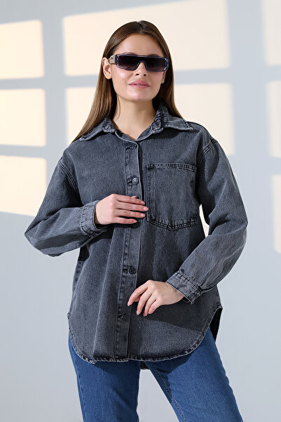 BLUE NATIONAL JEANS kadın oversize kesim denim gömlek ceket tek cepli Kar Yık...