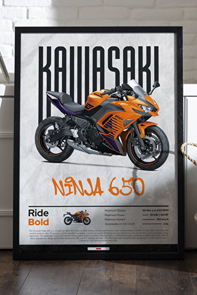 Duvarda Poster Kawasaki Ninja 650 cu ramă din lemn negru, pictură decorativă ...