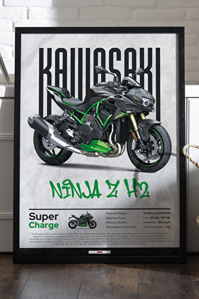 Duvarda Poster Kawasaki Ninja Z H2 cu ramă din lemn negru, pictură decorativă...