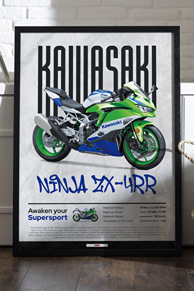 Duvarda Αφίσα Kawasaki Ninja ZX-4 RR με μαύρο ξύλινο πλαίσιο, διακοσμητικός π...