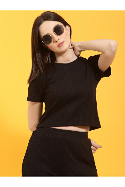 Rigo By Styli Women Textured Crop Top and Bell Bottoms Pants Co-Ords