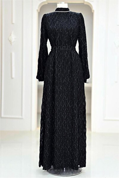 TRENDTESETTÜR KADIN SİYAH KUŞAKLI ABİYE ELBİSE T 1463