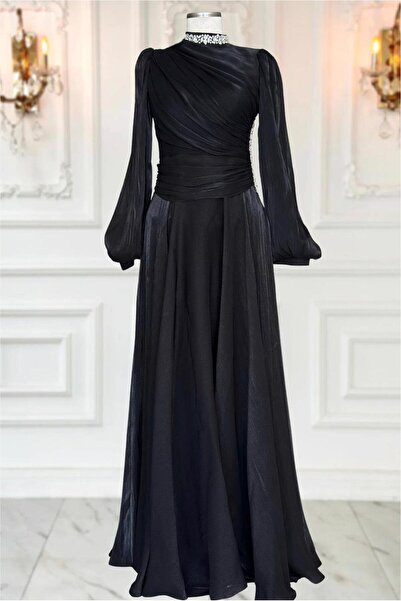 TRENDTESETTÜR KADIN SİYAH DRAPELİ ABİYE ELBİSE T 5365