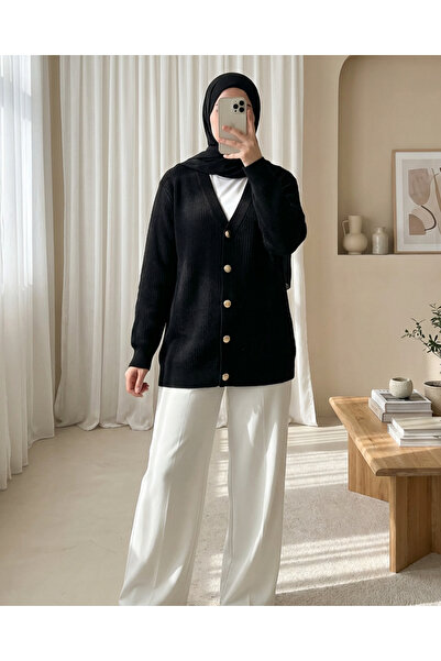 Modamorfo Buttoned Front Bearded Loose Knit Cardigan - Black