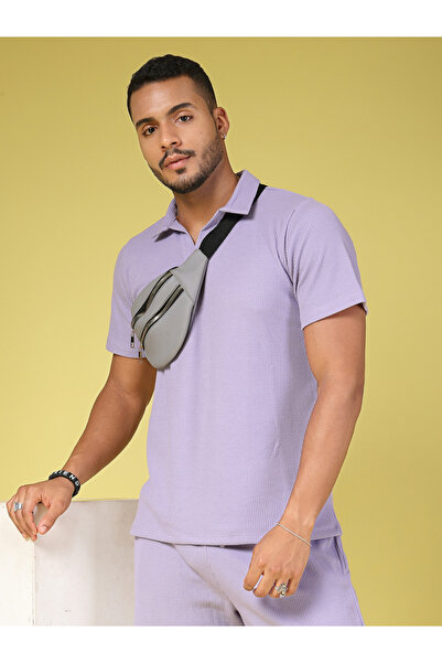 Rigo By Styli طقم رجالي من قميص بولو وشورت بنمط الوافل الأرجواني