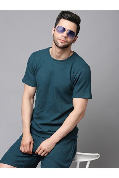 Rigo By Styli طقم تيشيرت وشورت رجالي بلون أزرق مخضر بنمط الوافل