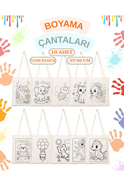 Cemira 10 Adet Büyük Boy Boyanabilir Çanta - Hayvan Temalı Boyama Çantası - Ç...
