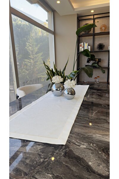 Hubb Interiors Embroidered Stain-Resistant Runner Single Row Embroidered Ecru