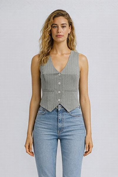 VENA Women's Regular Fit Striped Vest - Gray - White Striped