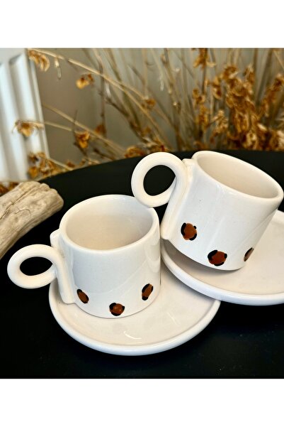 Store El yapımı Seramik Leoparlı 2 Kişilik Yuvarlak Kulplu Kahve Fincanı